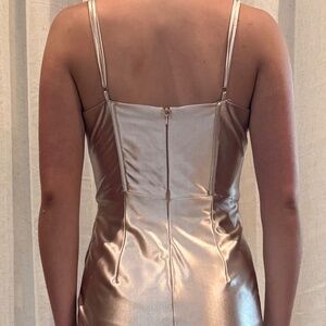 Champagne Rose Gold Satin Corset Slit Prom Gown